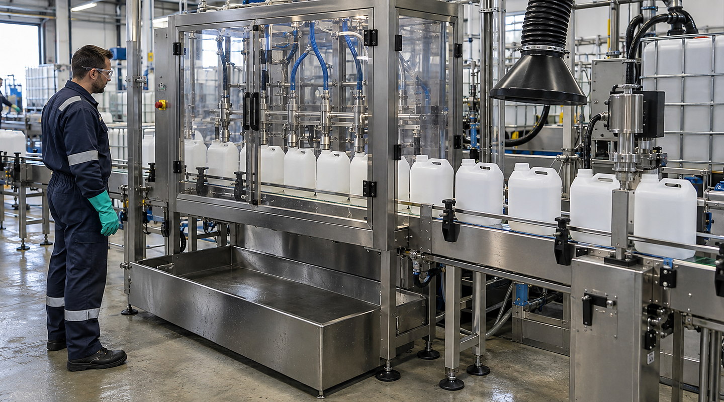 A contained chemical filling line in operation with drums or bottles, extraction and guarding visible, photographed from a safe working aisle.
