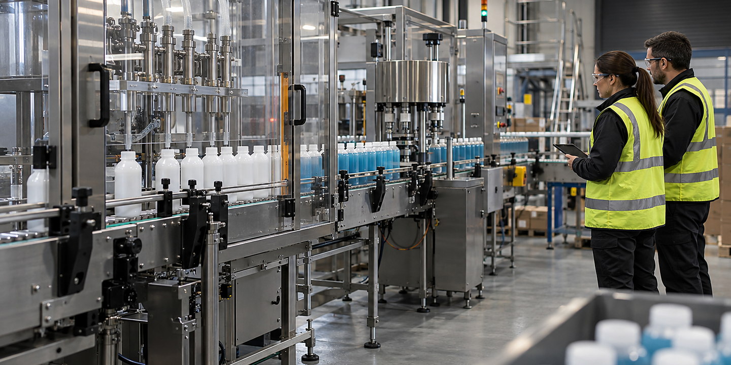 A contained chemical filling line in operation with drums or bottles, extraction and guarding visible, photographed from a safe working aisle.